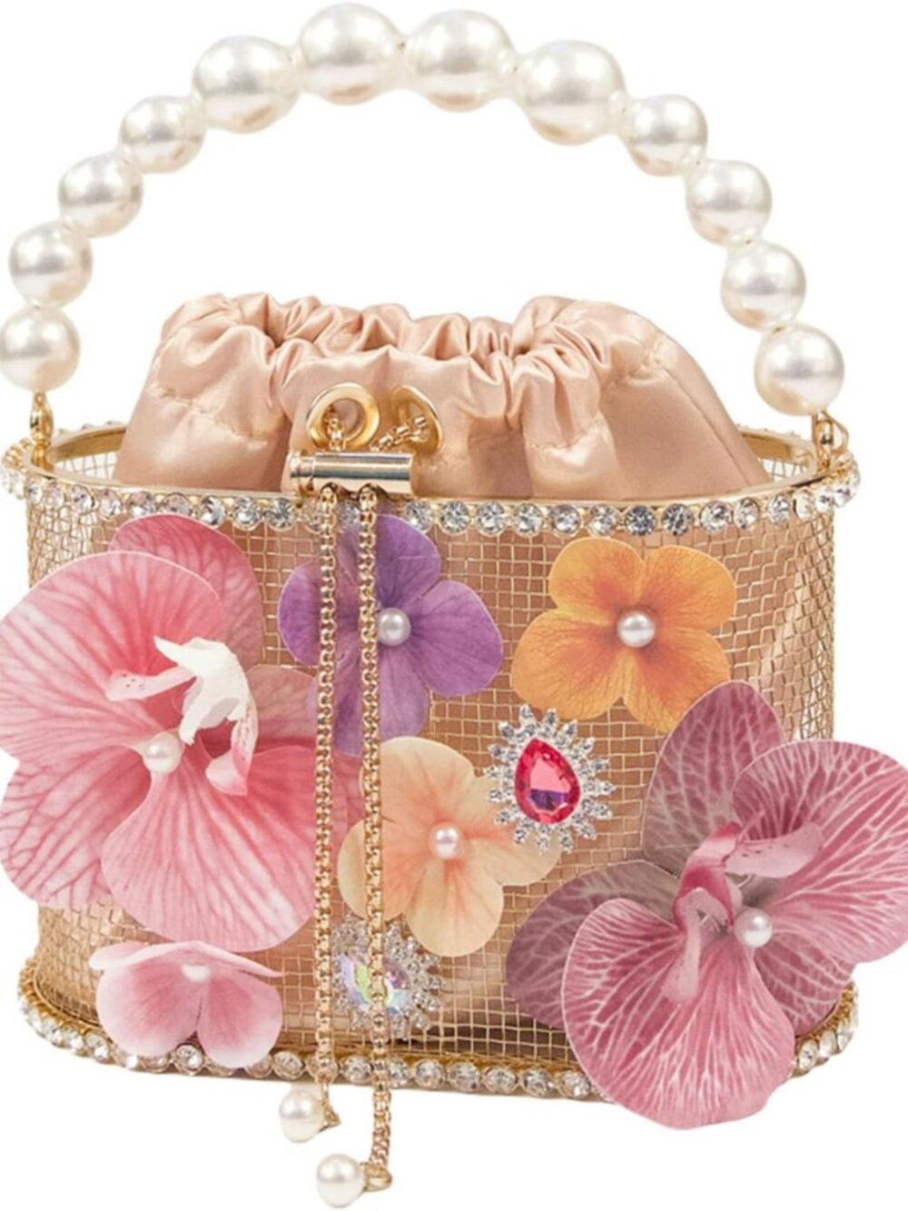 Luxury Women's Party Flower Shaped Rhinestone Gold Evening Metallic Bucket Cross
